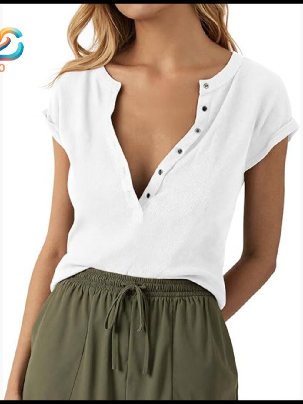 Ribbed Knit Henley Top Stretchy V-Neck Short Sleeve Tee Casual Summer